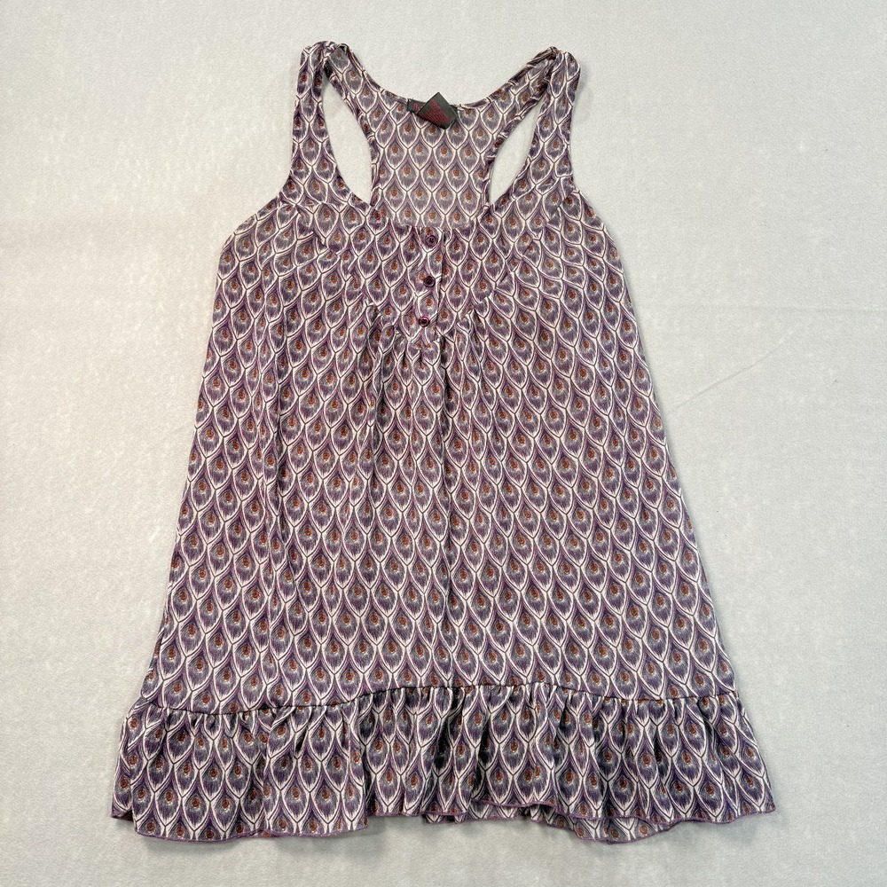 Women's Sheer Purple Peacock Feather Print Racerback Tank with Ruffles on Bottom